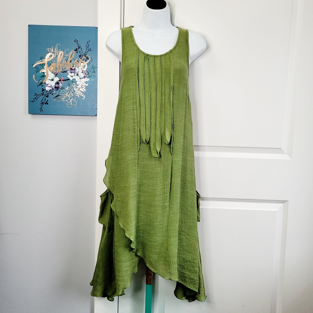 Papillon Blanc Green Asymmetrical Sundress